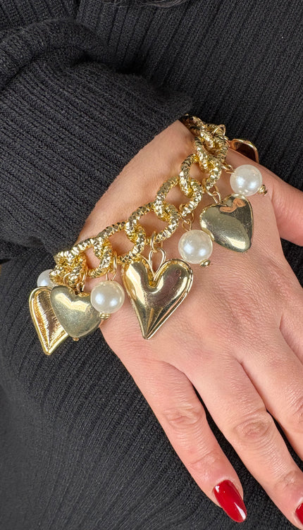Bracciale pendenti cuori e perle