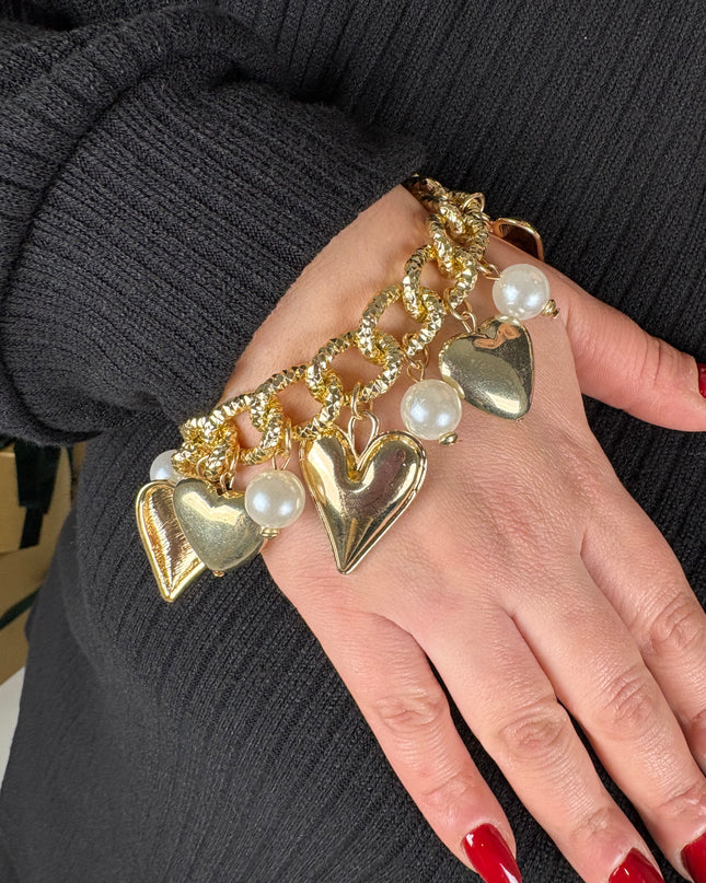 Bracciale pendenti cuori e perle