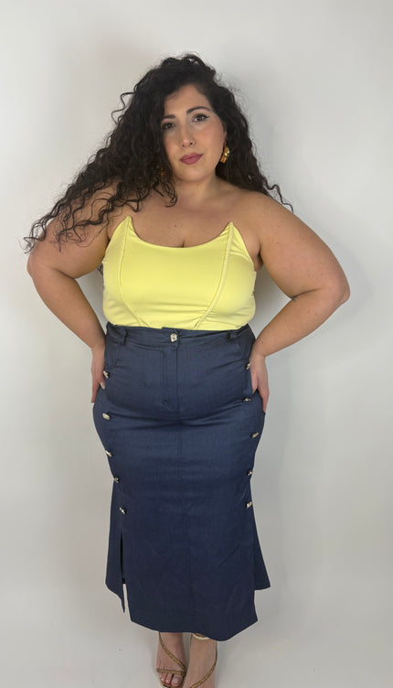 Gonna in Denim e Bottoni Gold