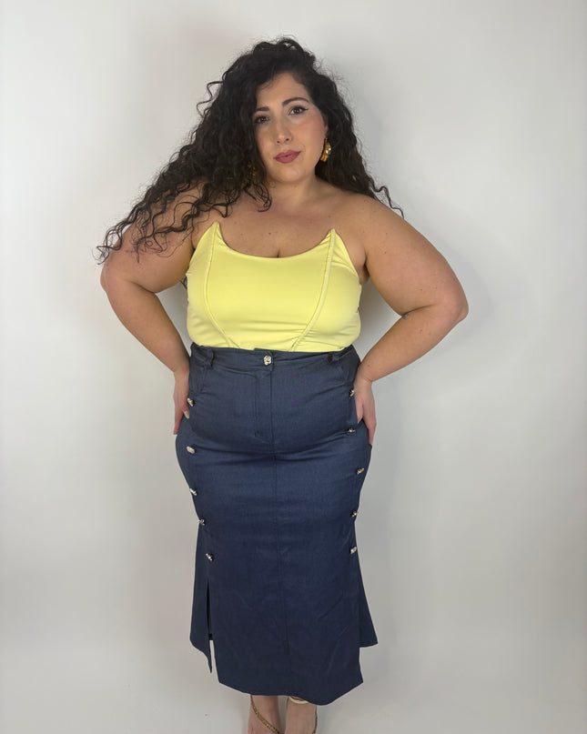 Gonna in Denim e Bottoni Gold